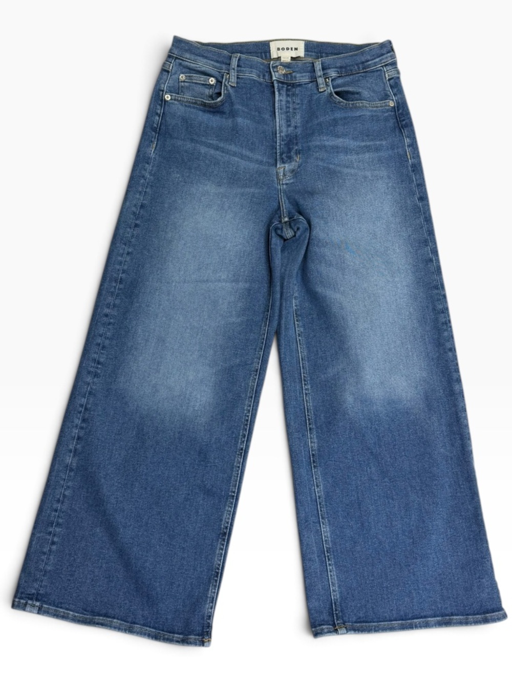 Boden High Rise Wide Leg Cropped Jeans Blue Denim Size 10 Petite Culottes Casual